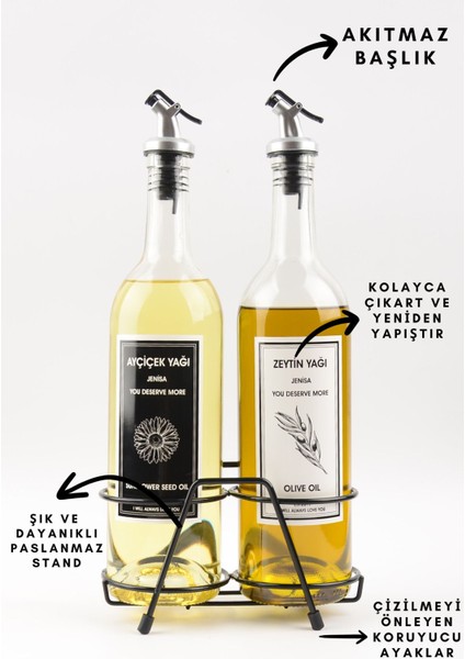 Şeffaf 750 ml 4+ parça set, siyah beyaz etiketli, standlı akıtıcı yağlık seti modelleri