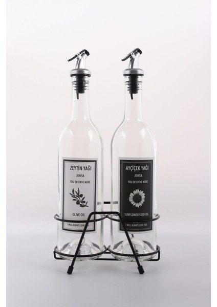 Şeffaf 750 ml 4+ parça set, siyah beyaz etiketli, standlı akıtıcı yağlık seti fırsatları