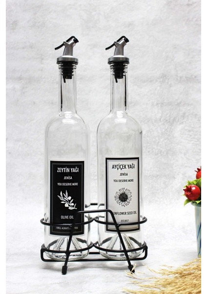 Şeffaf 750 ml 4+ parça set, siyah beyaz etiketli, standlı akıtıcı yağlık seti indirimleri