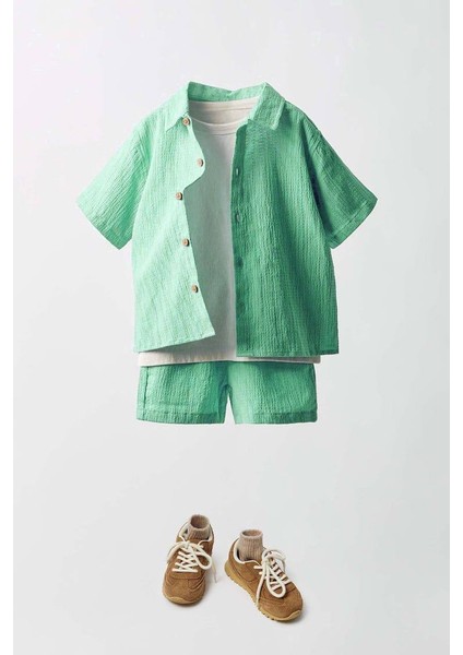 Laciel Paris Erkek Çocuk Dokuma Gömlekli Tişörtlü 3lü Şortlu Takım