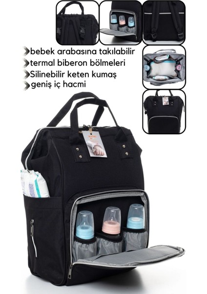 Leke Tutmaz Su Geçirmez Keten Kumaş Termal Bölmeli Anne Bebek Bakım Sırt Çantası