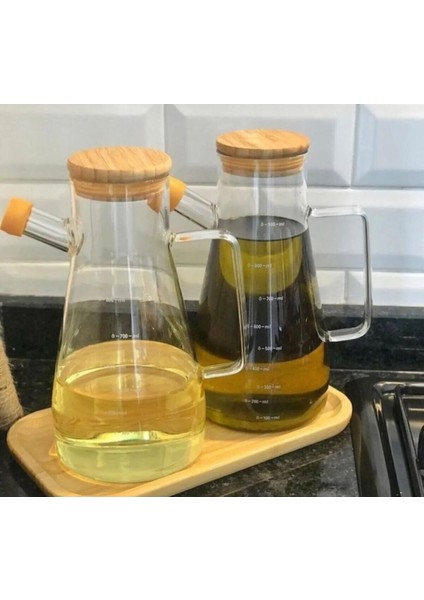 2'li Bambu Kapaklı Vakumlu Borosilikat Yağlık Seti, 900 ml, Kahverengi