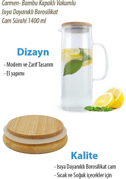 Carmen- Bambu Kapaklı Vakumlu Isıya Dayanıklı Borosilikat Cam Sürahi 1000 ml