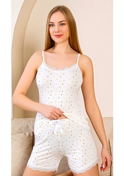 Şortlu - Ip Askılı Pijama Takım Kaliteli Ince Yazlık Viskon Kumaş Yüksek Bel