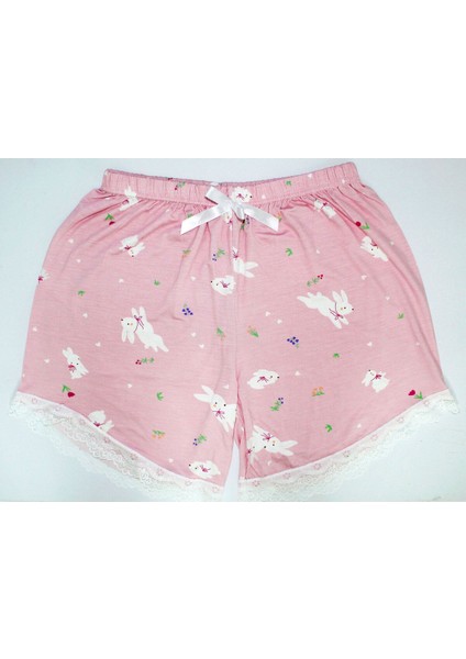 Pembe Şort Pijama Altı – Tavşan Desenli, Modal Kumaş