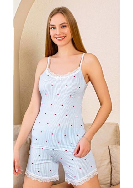 Şortlu - Ip Askılı Pijama Takım Kaliteli Ince Yazlık Viskon Kumaş Yüksek Bel