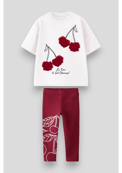 Kız Çocuk Pamuklu Beyaz Vişne Temalı T-Shirt ve Bordo Tayt Takım - Ponpon Aplikeli