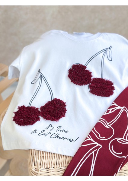 Kız Çocuk Pamuklu Beyaz Vişne Temalı T-Shirt ve Bordo Tayt Takım - Ponpon Aplikeli fiyatları