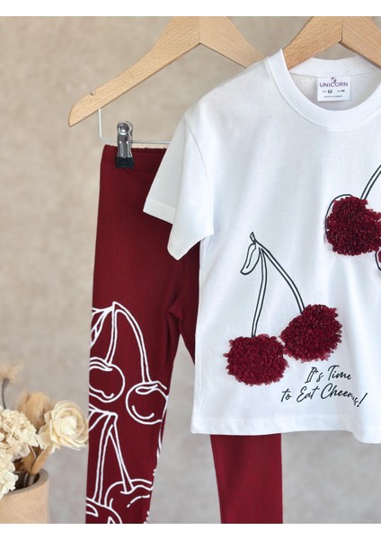 Kız Çocuk Pamuklu Beyaz Vişne Temalı T-Shirt ve Bordo Tayt Takım - Ponpon Aplikeli modelleri