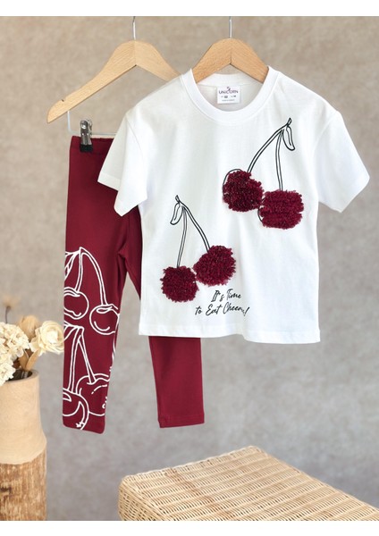 Kız Çocuk Pamuklu Beyaz Vişne Temalı T-Shirt ve Bordo Tayt Takım - Ponpon Aplikeli fırsatları