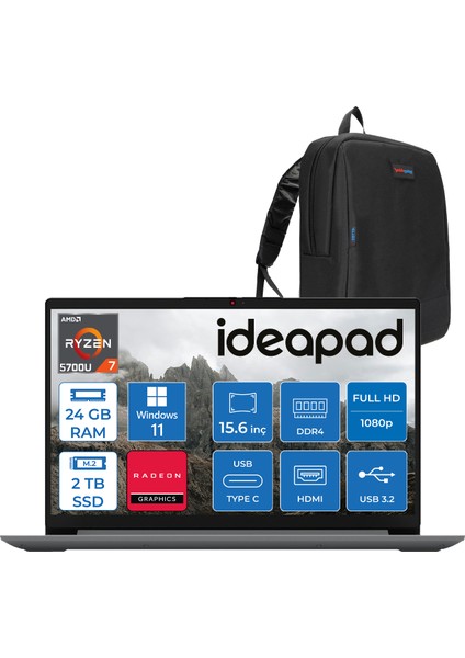 Ideapad 1 15ALC7 Amd Ryzen 7 5700U 24GB 2tb SSD Amd Radeon Graphics Windows 11 Home 15.6" Fullhd Taşınabilir Bilgisayar Gri 82R400R4TRH19 + Zetta Çanta