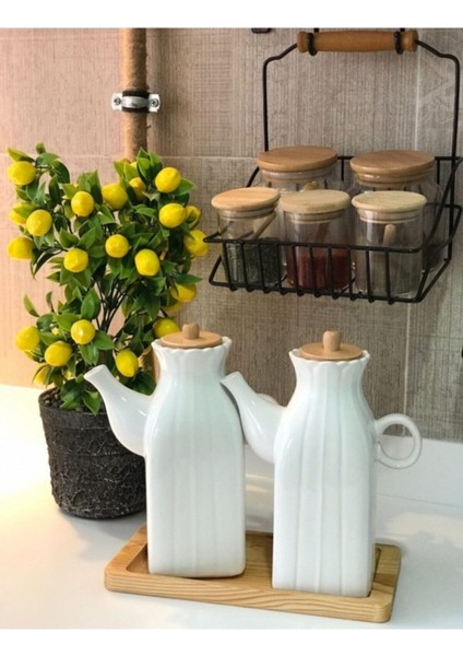 Bambu Standlı 2ADET Kare Porselen 1 Lt Yağdanlık & yağlık 3'lu Yağlık Set