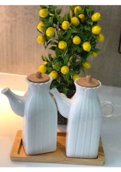 Bambu Standlı 2ADET Kare Porselen 1 Lt Yağdanlık & yağlık 3'lu Yağlık Set