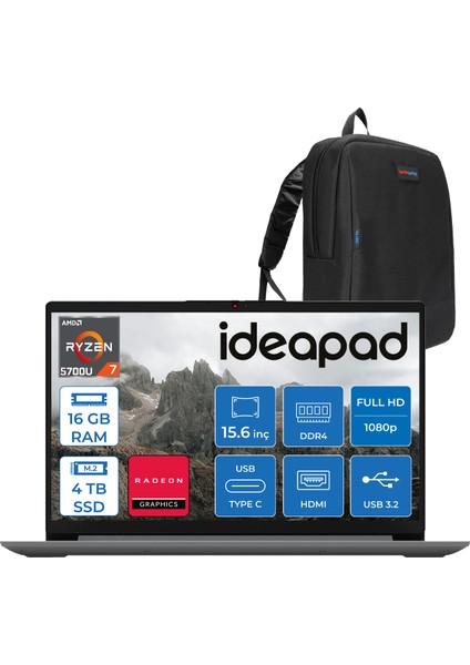 Ideapad 1 15ALC7 Amd Ryzen 7 5700U 16GB 4tb SSD Amd Radeon Graphics Freedos 15.6" Fullhd Taşınabilir Bilgisayar Gri 82R400R4TRF15 + Zetta Çanta