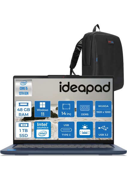 Ideapad Slim 5 14IRH10 Intel Core I5 13420H 48GB Ddr5 1tb SSD 14" Wuxga (1920X1200) OLED 400NITS Windows 11 Pro Taşınabilir Bilgisayar 83HR0049TRP18 + Zetta Çanta