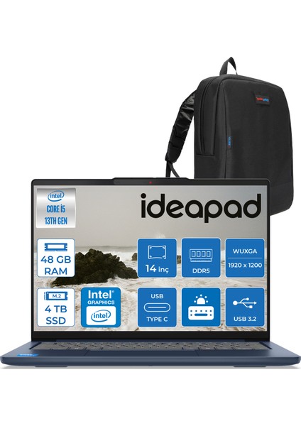Ideapad Slim 5 14IRH10 Intel Core I5 13420H 48GB Ddr5 4tb SSD 14" Wuxga (1920X1200) OLED 400NITS Freedos Taşınabilir Bilgisayar 83HR0049TRF20 + Zetta Çanta