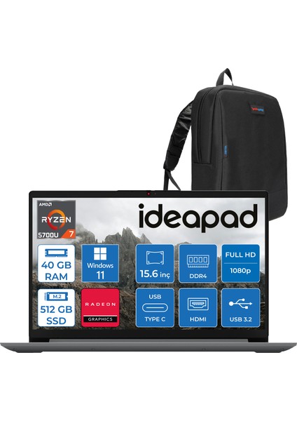 Ideapad 1 15ALC7 Amd Ryzen 7 5700U 40GB 512GB SSD Amd Radeon Graphics Windows 11 Home 15.6" Fullhd Taşınabilir Bilgisayar Gri 82R400R4TRH22 + Zetta Çanta