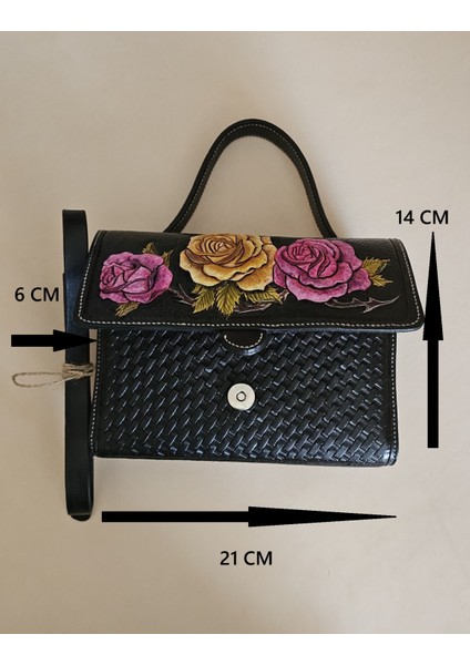 Esras Leathers El Yapımı Deri Kabartma Siyah Omuz Çantası