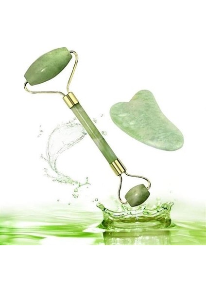 Buffer® Çift Taraflı 2li Cilt Yüz Masaj Aleti Jade Roller Yeşim Taşı Seti