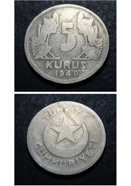 39963680E6BD14A48B 1940 5kuruş Çt/ççt Eski Madeni Para