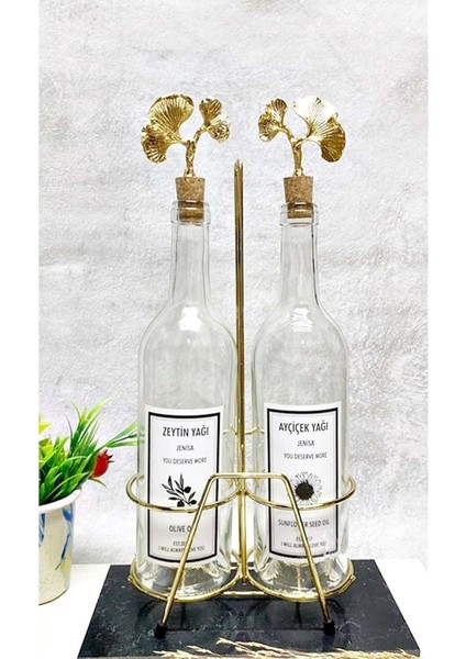 Şeffaf Yağlık Akıtmaz Ginko Model Mantar Tıpalı 750 ml Yağdanlık ve Altın Stant