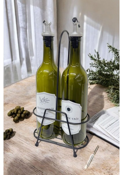 Siyah Metal Stantlı 2'li Yağdanlık Seti, Mutfak Düzenleyici, 750 ml, 3 Parça