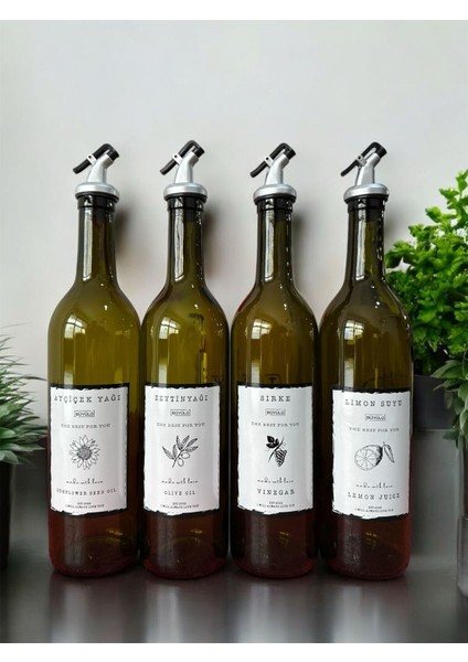 4'lü Yeşil Amber Cam Şişe Seti, 750 ml, Zeytinyağı, Sirke, Limon, Ayçiçek Yağı