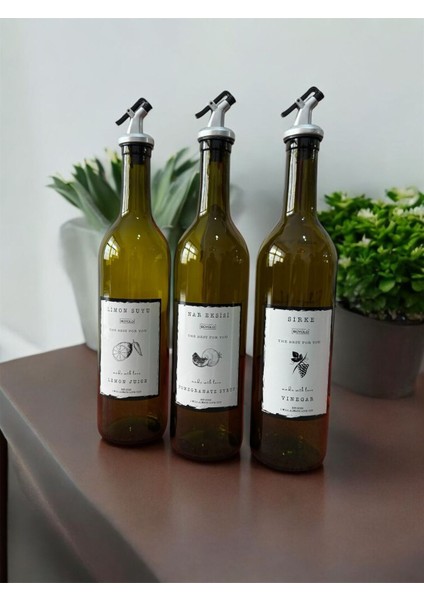 3'lü 750 ml amber cam şişe seti, limon, nar ve sirke etiketli, koyu yeşil renkli