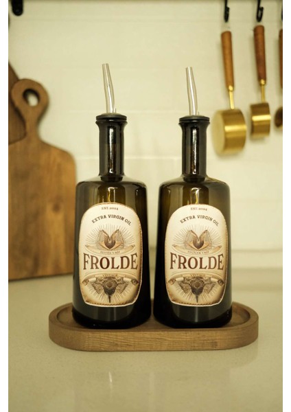 Ahşap Standlı 2'li Amber Cam Yağ Şişesi Seti 500 ml, Kahverengi, 5 Parça