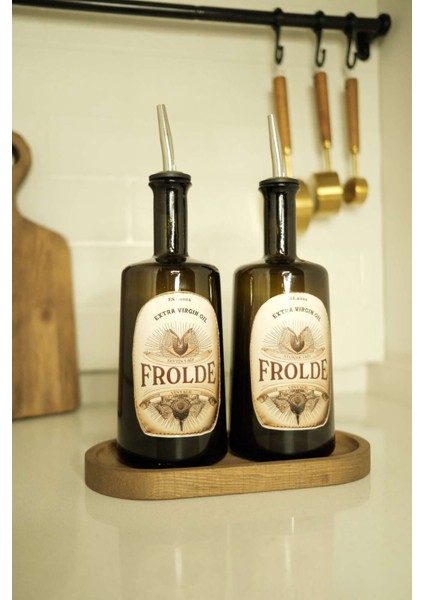 Ahşap Standlı 2'li Amber Cam Yağ Şişesi Seti 500 ml, Kahverengi, 5 Parça modelleri