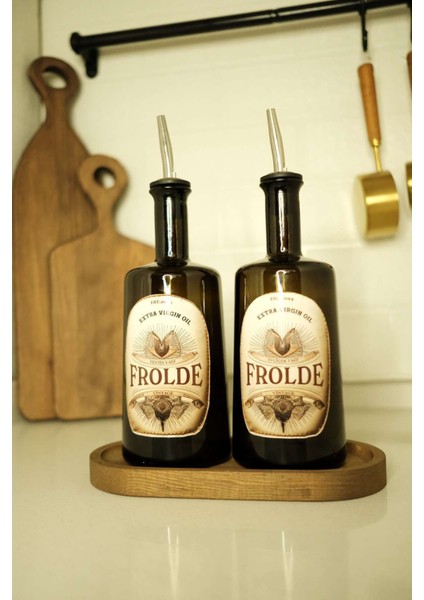 Ahşap Standlı 2'li Amber Cam Yağ Şişesi Seti 500 ml, Kahverengi, 5 Parça indirimleri