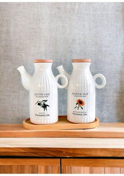 Bambu Standlı Çizgili 2'li Porselen Yağdanlık Seti, 1000 ml, Beyaz, 3 Parça fiyatları
