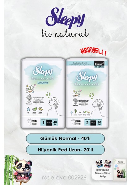 Günlük Ped Normal 40'lı ve Hijyenik Uzun 20'li Bio Natural ve Rosie