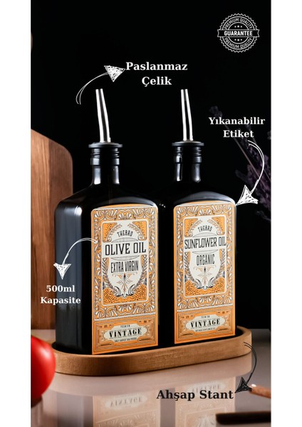 500 ml Amber Renkli Ahşap Stantlı Premium Vintage Zeytinyağı Şişesi ve Ayçiçek Yağı Şişesi