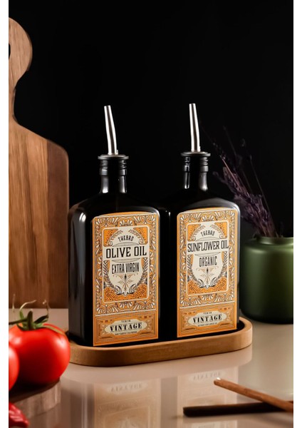 500 ml Amber Renkli Ahşap Stantlı Premium Vintage Zeytinyağı Şişesi ve Ayçiçek Yağı Şişesi