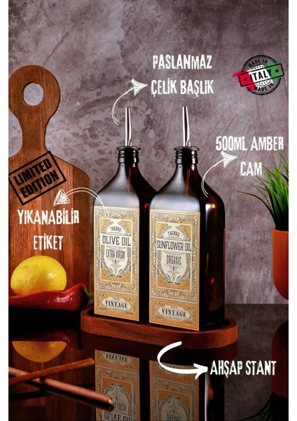 500 ml Ahşap Stantlı Premium Serisi Amber Renkli Zeytinyağı Şişesi ve Ayçiçek Yağı Şişesi Set