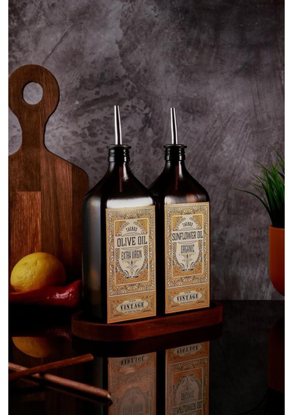 500 ml Ahşap Stantlı Premium Serisi Amber Renkli Zeytinyağı Şişesi ve Ayçiçek Yağı Şişesi Set