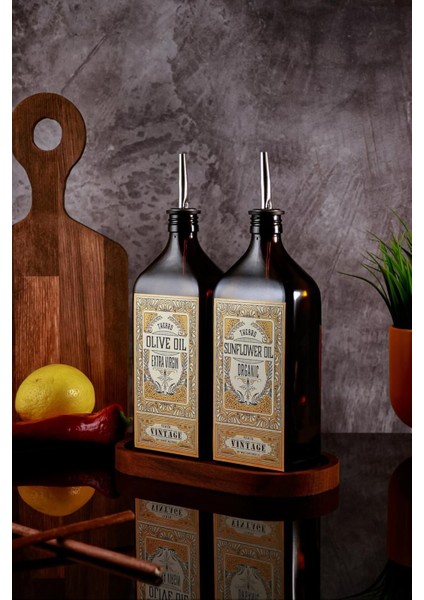 500 ml Ahşap Stantlı Premium Serisi Amber Renkli Zeytinyağı Şişesi ve Ayçiçek Yağı Şişesi Set