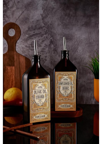 500 ml Ahşap Stantlı Premium Serisi Amber Renkli Zeytinyağı Şişesi ve Ayçiçek Yağı Şişesi Set