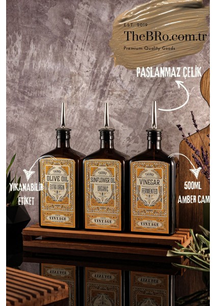 3'lü set: 500ML zeytinyağı, ayçiçek yağı ve sirke şişeleri, sarı renk, parlak tasarım