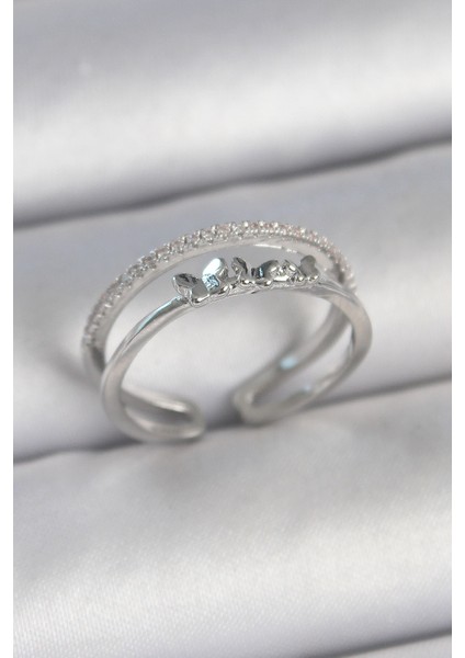 Pirinç Gümüş Renk 2'li Zirkon Taş Detaylı Kelebek Figür Ayarlanabilir Model Kadın Yüzük - Lisinya