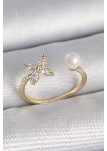 Pirinç Gold Renk Zirkon Taşlı Çiçek Model Inci Detay Ayarlanabilir Kadın Yüzük - Lisinya