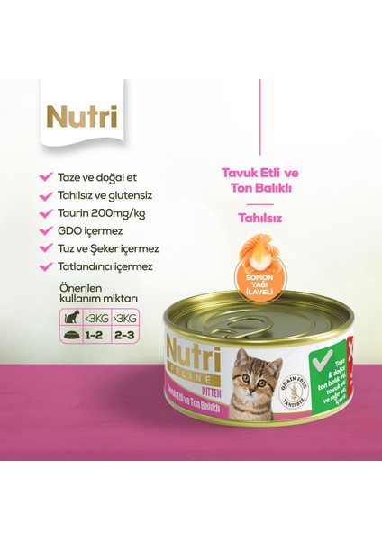 Yavru Kediler Için Tavuk Etli ve Ton Balıklı 85GR Tahılsız Kitten Yaş Maması