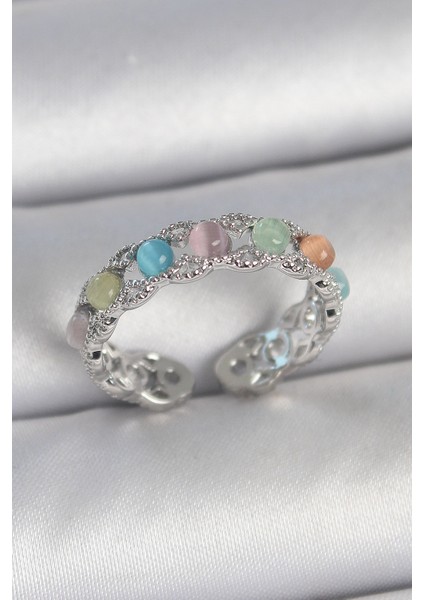 Pirinç Gümüş Renk Renkli Mineli Ayarlanabilir Kadın Yüzük - Lisinya