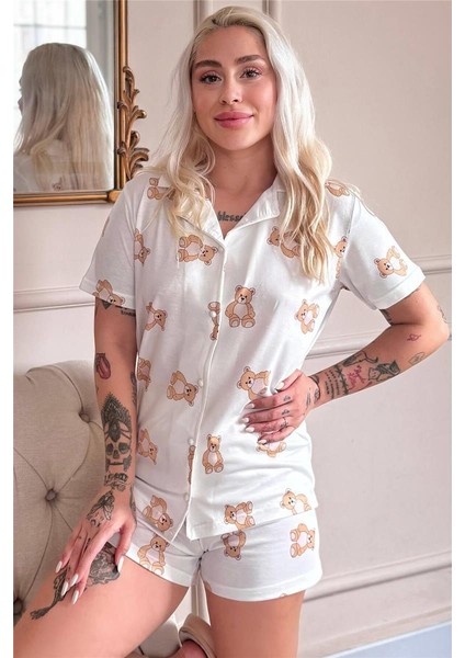 Doux Bear Desenli Kısa Kol Şortlu Önden Düğmeli Kadın Pijama Takımı