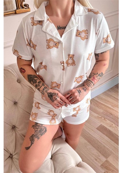 Doux Bear Desenli Kısa Kol Şortlu Önden Düğmeli Kadın Pijama Takımı indirimleri
