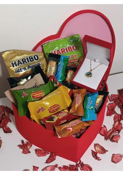 Gökyüzü - Gezegen Kolye Kararmaz Çelik - Altın Kadife Kalp Kutu Sevgililer Günü Hediyesi