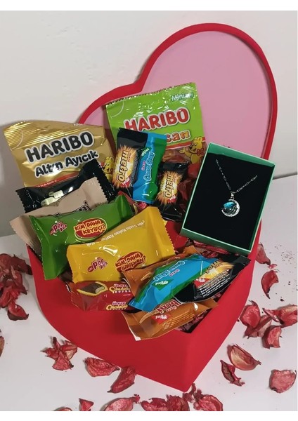 Gökyüzü - Gezegen Kolye Kararmaz Çelik - Gümüş Kadife Kalp Kutu Sevgililer Günü Hediyesi