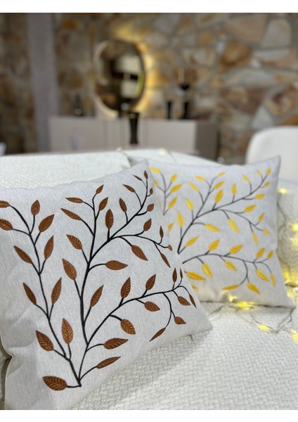 1 Adet Nakışlı Kırlent Kılıfı 43 x 43 cm Kare Yastık Kılıfı Sarı Turuncu Yeşil Kahverengi Fermuarlı