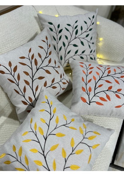 1 Adet Nakışlı Kırlent Kılıfı 43 x 43 cm Kare Yastık Kılıfı Sarı Turuncu Yeşil Kahverengi Fermuarlı